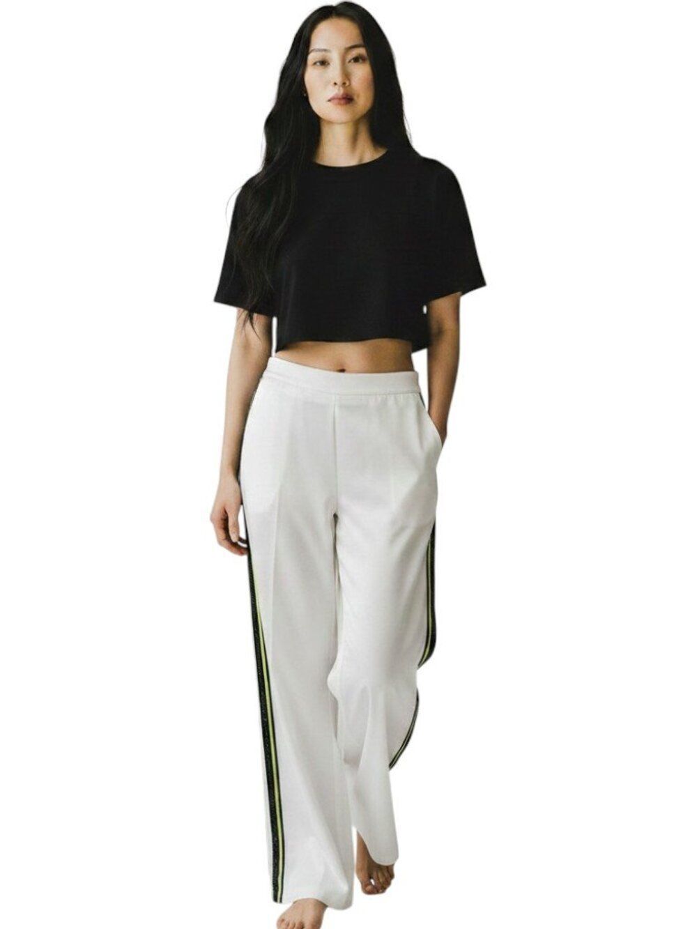 Lug Von Siga White Wide Leg Pants Black Fringe Neon Stripe Size 36 US 4